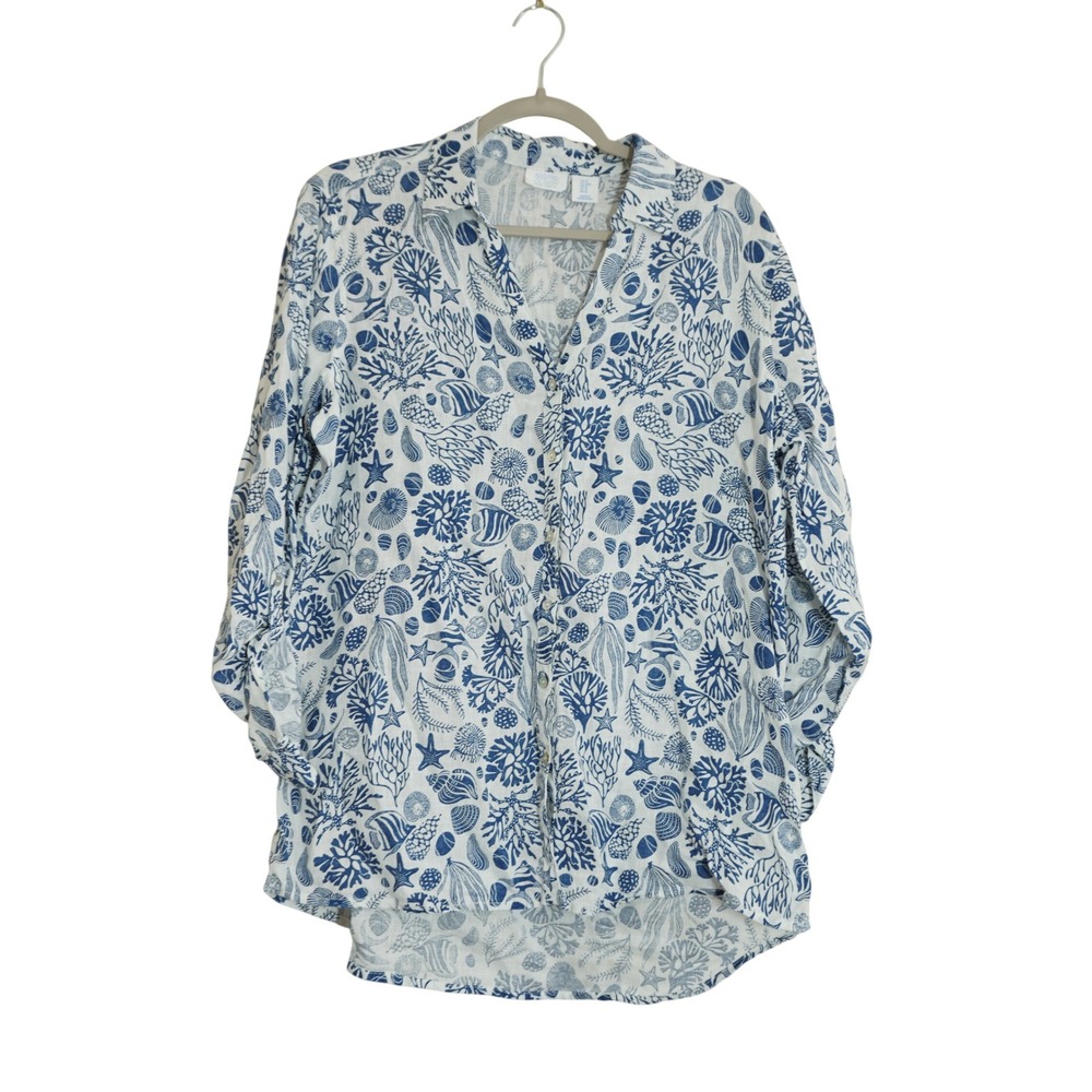 Sigrid Olsen Size Medium White Linen Sea Life Shell Print Roll Tab Shirt Coastal